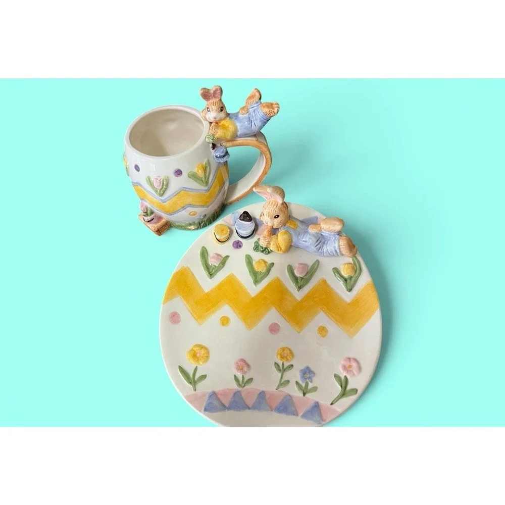 Fitz & Floyd Omnibus Eggspress Bunny‎ Rabbit Plate Cup Set Pastel Spring Vintage